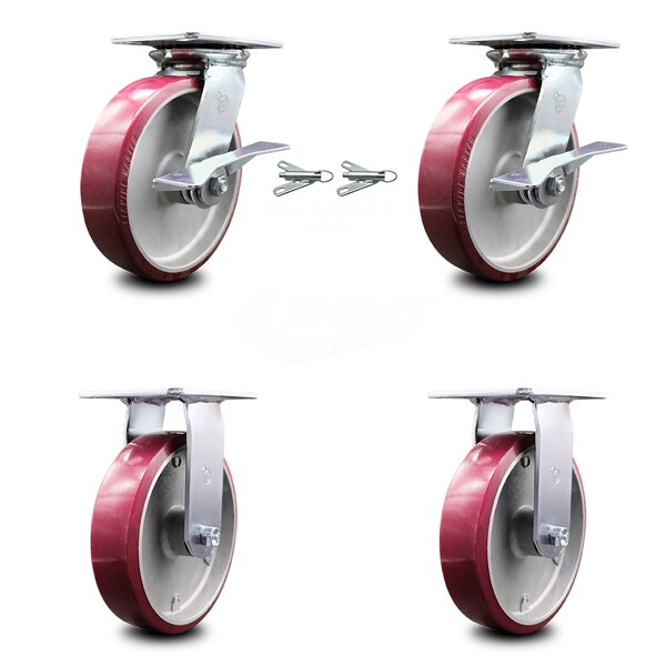 8 Inch Poly on Aluminum Caster Brakes/Swivel Locks and 2 Rigid SCC, 2PK